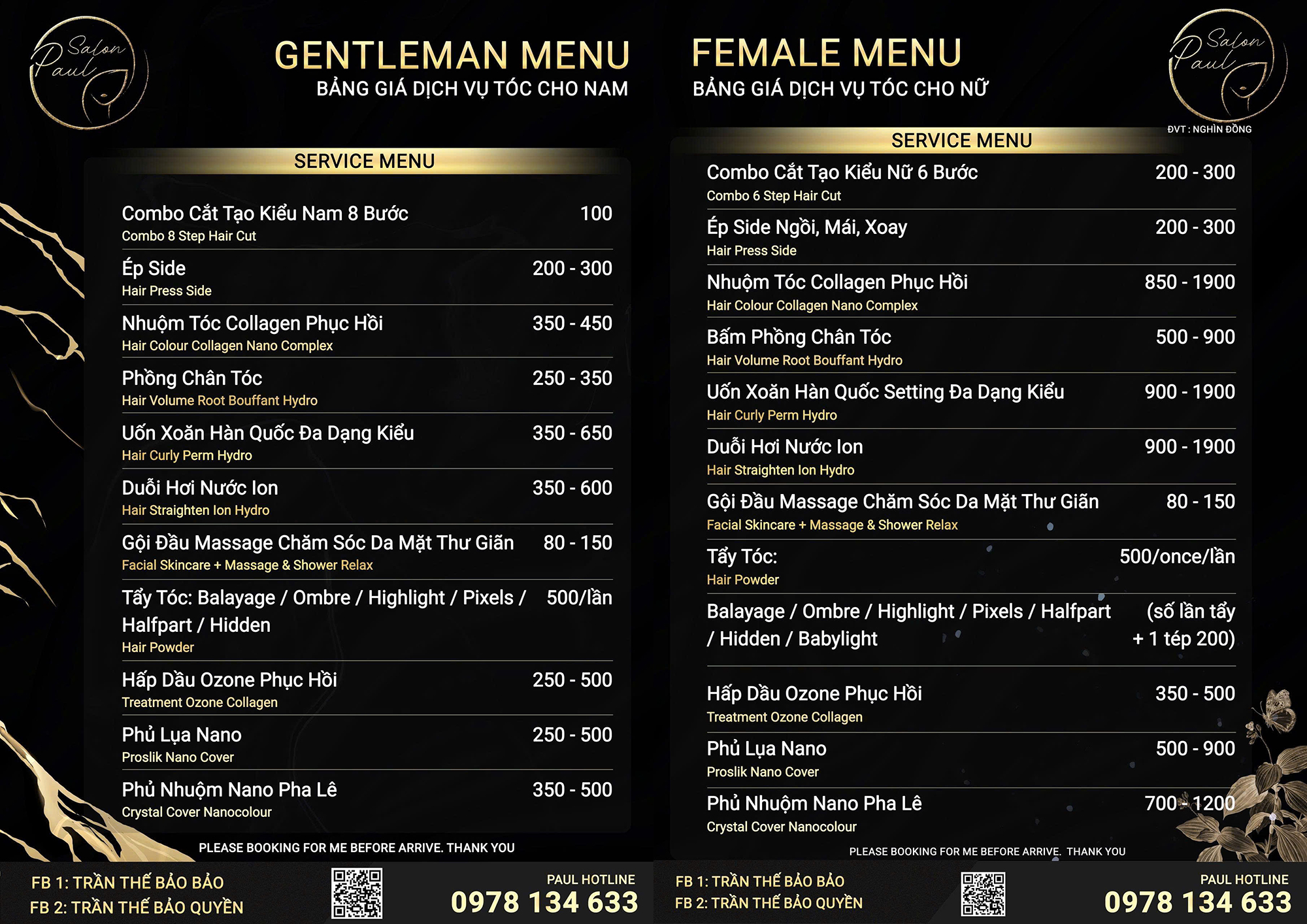 Bảng giá dịch vụ - cắt tóc nam nữ